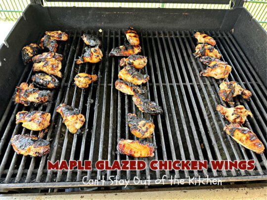 Maple Glazed Chicken Wings | Can't Stay Out of the Kitchen | Prepare to lick your chops after one bite of these amazing #ChickenWings. They're made with #ChiliSauce & #MapleSyrup & #grill up wonderfully for #tailgating parties, #potlucks or even family dinner. Great as an #appetizer especially when served with a #HoneyMustardSauce. #chicken #poultry #GlutenFree #MapleGlazedChickenWings