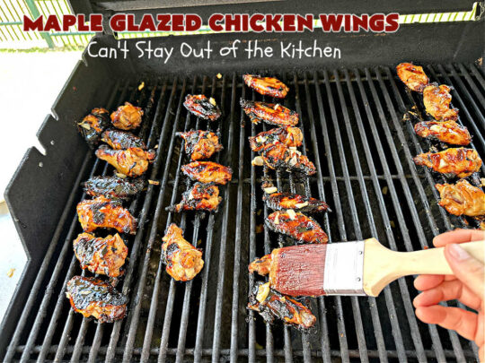 Maple Glazed Chicken Wings | Can't Stay Out of the Kitchen | Prepare to lick your chops after one bite of these amazing #ChickenWings. They're made with #ChiliSauce & #MapleSyrup & #grill up wonderfully for #tailgating parties, #potlucks or even family dinner. Great as an #appetizer especially when served with a #HoneyMustardSauce. #chicken #poultry #GlutenFree #MapleGlazedChickenWings