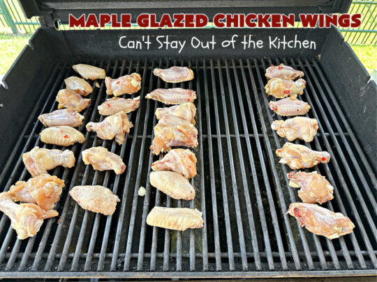 Maple Glazed Chicken Wings | Can't Stay Out of the Kitchen | Prepare to lick your chops after one bite of these amazing #ChickenWings. They're made with #ChiliSauce & #MapleSyrup & #grill up wonderfully for #tailgating parties, #potlucks or even family dinner. Great as an #appetizer especially when served with a #HoneyMustardSauce. #chicken #poultry #GlutenFree #MapleGlazedChickenWings