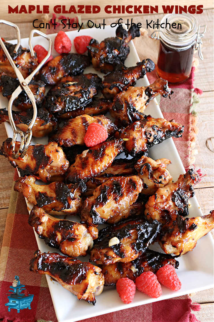 Maple Glazed Chicken Wings | Can't Stay Out of the Kitchen | Prepare to lick your chops after one bite of these amazing #ChickenWings. They're made with #ChiliSauce & #MapleSyrup & #grill up wonderfully for #tailgating parties, #potlucks or even family dinner. Great as an #appetizer especially when served with a #HoneyMustardSauce. #chicken #poultry #GlutenFree #MapleGlazedChickenWings