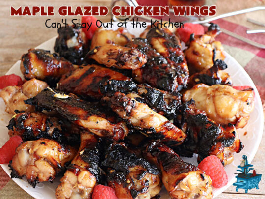 Maple Glazed Chicken Wings | Can't Stay Out of the Kitchen | Prepare to lick your chops after one bite of these amazing #ChickenWings. They're made with #ChiliSauce & #MapleSyrup & #grill up wonderfully for #tailgating parties, #potlucks or even family dinner. Great as an #appetizer especially when served with a #HoneyMustardSauce. #chicken #poultry #GlutenFree #MapleGlazedChickenWings