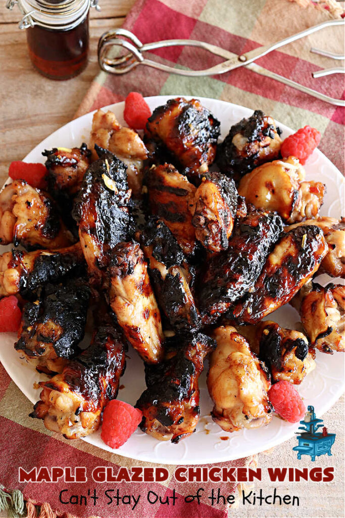 Maple Glazed Chicken Wings | Can't Stay Out of the Kitchen | Prepare to lick your chops after one bite of these amazing #ChickenWings. They're made with #ChiliSauce & #MapleSyrup & #grill up wonderfully for #tailgating parties, #potlucks or even family dinner. Great as an #appetizer especially when served with a #HoneyMustardSauce. #chicken #poultry #GlutenFree #MapleGlazedChickenWings