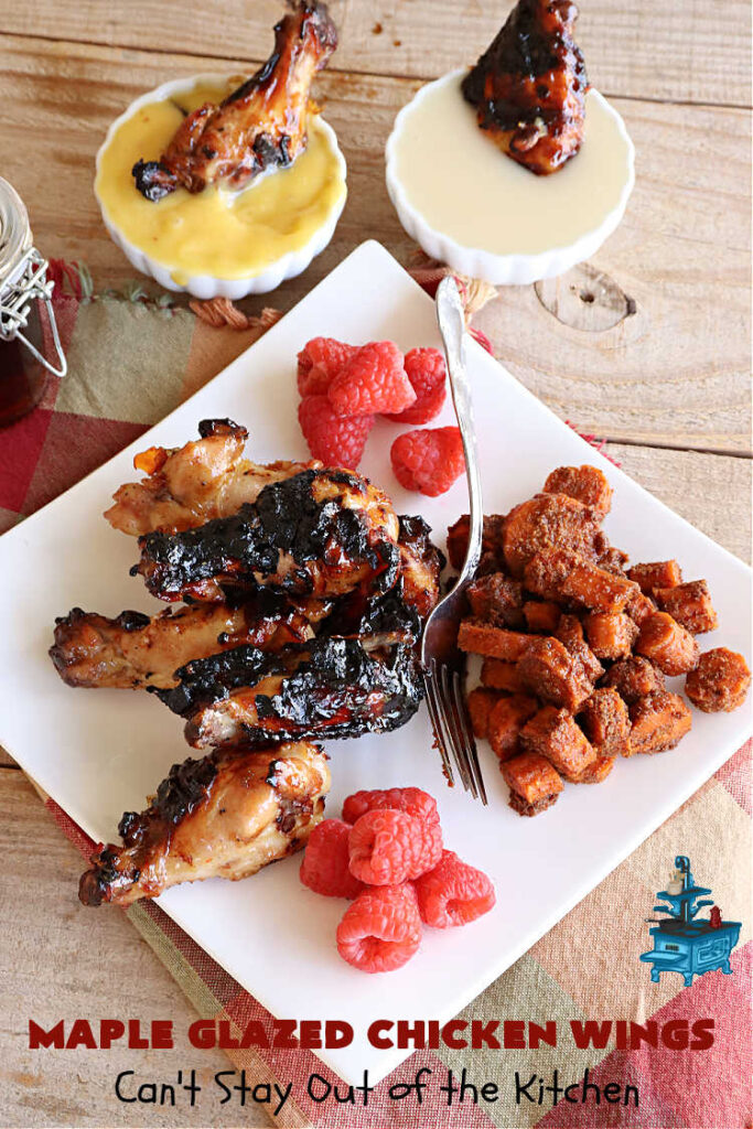 Maple Glazed Chicken Wings | Can't Stay Out of the Kitchen | Prepare to lick your chops after one bite of these amazing #ChickenWings. They're made with #ChiliSauce & #MapleSyrup & #grill up wonderfully for #tailgating parties, #potlucks or even family dinner. Great as an #appetizer especially when served with a #HoneyMustardSauce. #chicken #poultry #GlutenFree #MapleGlazedChickenWings