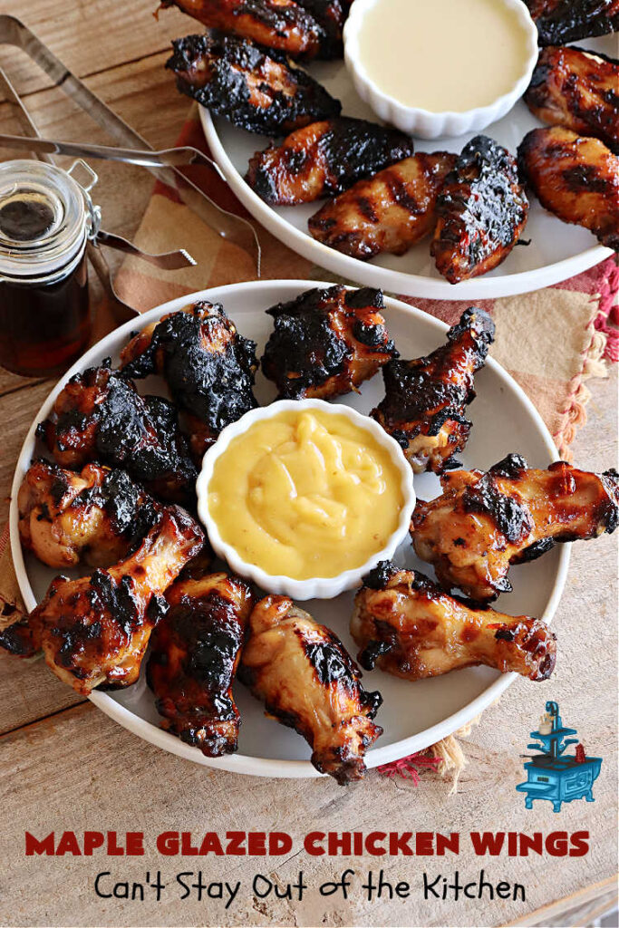 Maple Glazed Chicken Wings | Can't Stay Out of the Kitchen | Prepare to lick your chops after one bite of these amazing #ChickenWings. They're made with #ChiliSauce & #MapleSyrup & #grill up wonderfully for #tailgating parties, #potlucks or even family dinner. Great as an #appetizer especially when served with a #HoneyMustardSauce. #chicken #poultry #GlutenFree #MapleGlazedChickenWings