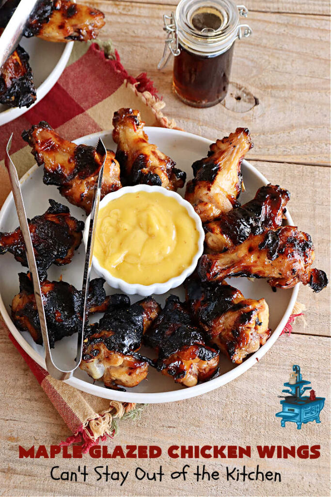 Maple Glazed Chicken Wings | Can't Stay Out of the Kitchen | Prepare to lick your chops after one bite of these amazing #ChickenWings. They're made with #ChiliSauce & #MapleSyrup & #grill up wonderfully for #tailgating parties, #potlucks or even family dinner. Great as an #appetizer especially when served with a #HoneyMustardSauce. #chicken #poultry #GlutenFree #MapleGlazedChickenWings