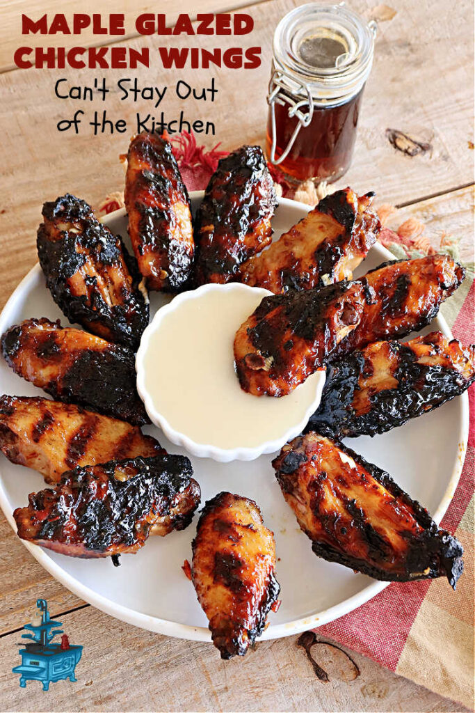 Maple Glazed Chicken Wings | Can't Stay Out of the Kitchen | Prepare to lick your chops after one bite of these amazing #ChickenWings. They're made with #ChiliSauce & #MapleSyrup & #grill up wonderfully for #tailgating parties, #potlucks or even family dinner. Great as an #appetizer especially when served with a #HoneyMustardSauce. #chicken #poultry #GlutenFree #MapleGlazedChickenWings