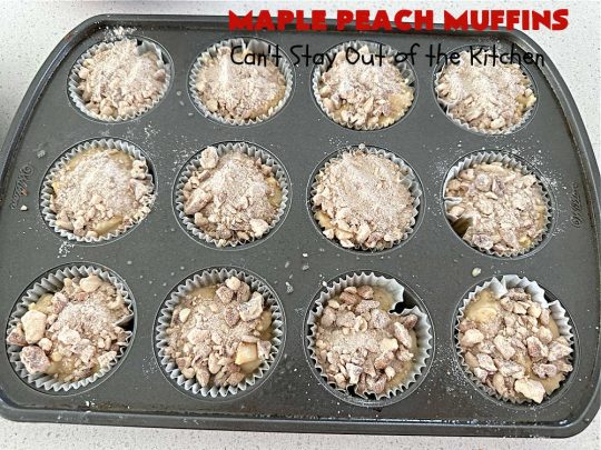 Maple Peach Muffins | Can't Stay Out of the Kitchen | Indulge your sweet tooth by making a batch of these sensational #muffins for your next weekend, company or #holiday #breakfast or #brunch. These include both #MapleSyrup & #MapleExtract for a bump in flavor. #Peaches & a #StreuselTopping that includes #pecans makes them especially good. #MaplePeachMuffins
