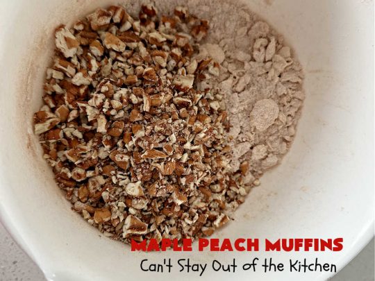 Maple Peach Muffins | Can't Stay Out of the Kitchen | Indulge your sweet tooth by making a batch of these sensational #muffins for your next weekend, company or #holiday #breakfast or #brunch. These include both #MapleSyrup & #MapleExtract for a bump in flavor. #Peaches & a #StreuselTopping that includes #pecans makes them especially good. #MaplePeachMuffins