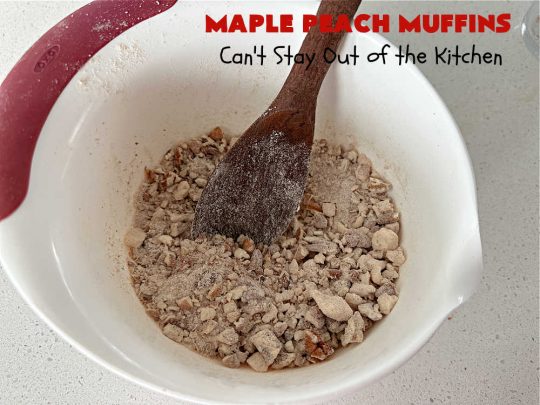 Maple Peach Muffins | Can't Stay Out of the Kitchen | Indulge your sweet tooth by making a batch of these sensational #muffins for your next weekend, company or #holiday #breakfast or #brunch. These include both #MapleSyrup & #MapleExtract for a bump in flavor. #Peaches & a #StreuselTopping that includes #pecans makes them especially good. #MaplePeachMuffins