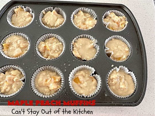 Maple Peach Muffins | Can't Stay Out of the Kitchen | Indulge your sweet tooth by making a batch of these sensational #muffins for your next weekend, company or #holiday #breakfast or #brunch. These include both #MapleSyrup & #MapleExtract for a bump in flavor. #Peaches & a #StreuselTopping that includes #pecans makes them especially good. #MaplePeachMuffins