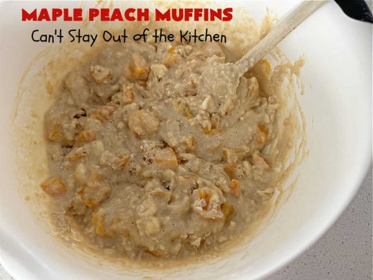 Maple Peach Muffins | Can't Stay Out of the Kitchen | Indulge your sweet tooth by making a batch of these sensational #muffins for your next weekend, company or #holiday #breakfast or #brunch. These include both #MapleSyrup & #MapleExtract for a bump in flavor. #Peaches & a #StreuselTopping that includes #pecans makes them especially good. #MaplePeachMuffins