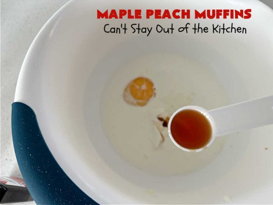 Maple Peach Muffins | Can't Stay Out of the Kitchen | Indulge your sweet tooth by making a batch of these sensational #muffins for your next weekend, company or #holiday #breakfast or #brunch. These include both #MapleSyrup & #MapleExtract for a bump in flavor. #Peaches & a #StreuselTopping that includes #pecans makes them especially good. #MaplePeachMuffins