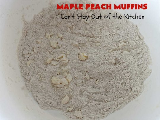 Maple Peach Muffins | Can't Stay Out of the Kitchen | Indulge your sweet tooth by making a batch of these sensational #muffins for your next weekend, company or #holiday #breakfast or #brunch. These include both #MapleSyrup & #MapleExtract for a bump in flavor. #Peaches & a #StreuselTopping that includes #pecans makes them especially good. #MaplePeachMuffins