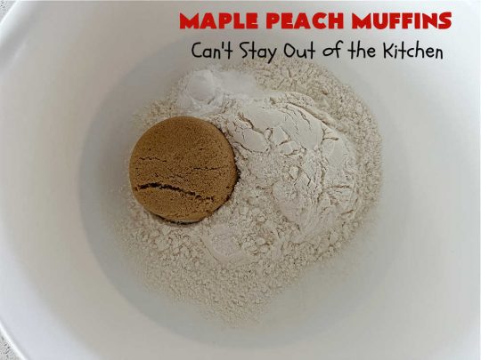 Maple Peach Muffins | Can't Stay Out of the Kitchen | Indulge your sweet tooth by making a batch of these sensational #muffins for your next weekend, company or #holiday #breakfast or #brunch. These include both #MapleSyrup & #MapleExtract for a bump in flavor. #Peaches & a #StreuselTopping that includes #pecans makes them especially good. #MaplePeachMuffins
