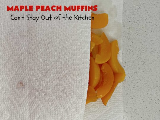 Maple Peach Muffins | Can't Stay Out of the Kitchen | Indulge your sweet tooth by making a batch of these sensational #muffins for your next weekend, company or #holiday #breakfast or #brunch. These include both #MapleSyrup & #MapleExtract for a bump in flavor. #Peaches & a #StreuselTopping that includes #pecans makes them especially good. #MaplePeachMuffins