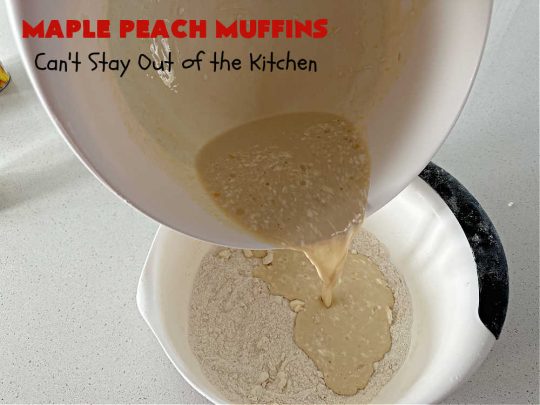Maple Peach Muffins | Can't Stay Out of the Kitchen | Indulge your sweet tooth by making a batch of these sensational #muffins for your next weekend, company or #holiday #breakfast or #brunch. These include both #MapleSyrup & #MapleExtract for a bump in flavor. #Peaches & a #StreuselTopping that includes #pecans makes them especially good. #MaplePeachMuffins