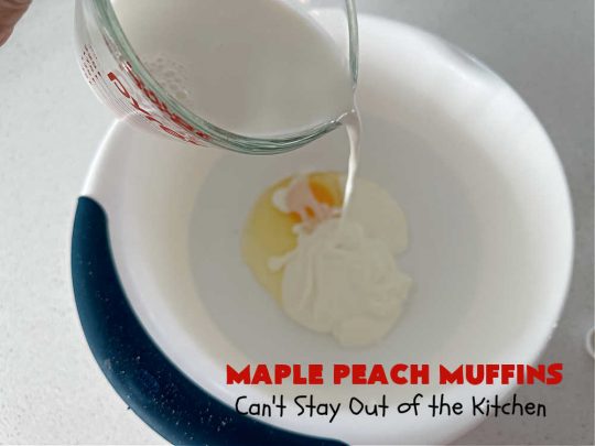 Maple Peach Muffins | Can't Stay Out of the Kitchen | Indulge your sweet tooth by making a batch of these sensational #muffins for your next weekend, company or #holiday #breakfast or #brunch. These include both #MapleSyrup & #MapleExtract for a bump in flavor. #Peaches & a #StreuselTopping that includes #pecans makes them especially good. #MaplePeachMuffins