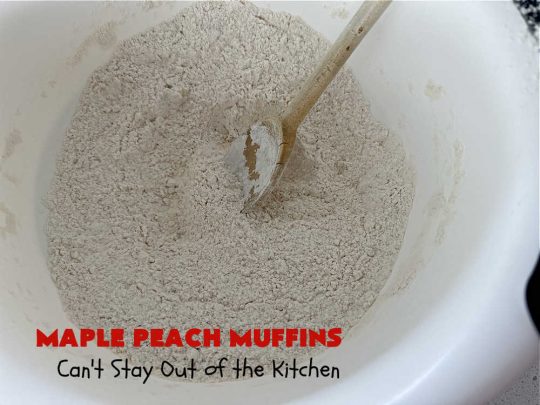 Maple Peach Muffins | Can't Stay Out of the Kitchen | Indulge your sweet tooth by making a batch of these sensational #muffins for your next weekend, company or #holiday #breakfast or #brunch. These include both #MapleSyrup & #MapleExtract for a bump in flavor. #Peaches & a #StreuselTopping that includes #pecans makes them especially good. #MaplePeachMuffins