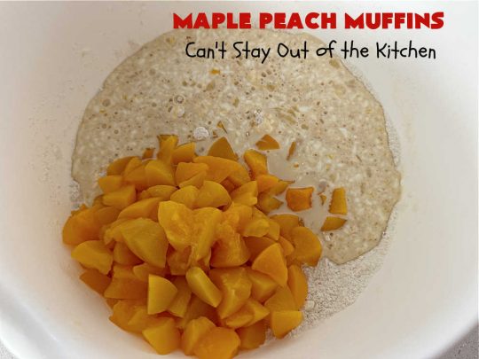 Maple Peach Muffins | Can't Stay Out of the Kitchen | Indulge your sweet tooth by making a batch of these sensational #muffins for your next weekend, company or #holiday #breakfast or #brunch. These include both #MapleSyrup & #MapleExtract for a bump in flavor. #Peaches & a #StreuselTopping that includes #pecans makes them especially good. #MaplePeachMuffins