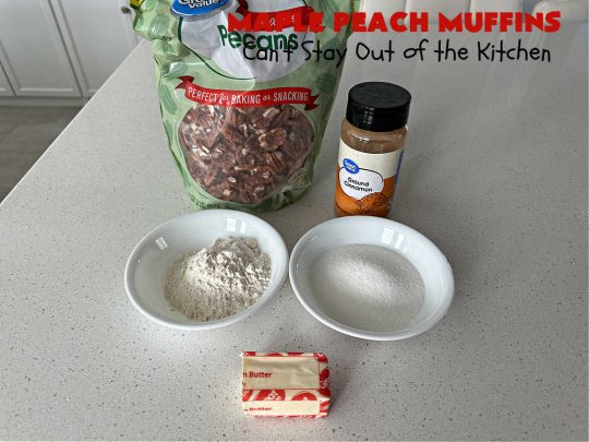 Maple Peach Muffins | Can't Stay Out of the Kitchen | Indulge your sweet tooth by making a batch of these sensational #muffins for your next weekend, company or #holiday #breakfast or #brunch. These include both #MapleSyrup & #MapleExtract for a bump in flavor. #Peaches & a #StreuselTopping that includes #pecans makes them especially good. #MaplePeachMuffins