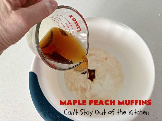 Maple Peach Muffins | Can't Stay Out of the Kitchen | Indulge your sweet tooth by making a batch of these sensational #muffins for your next weekend, company or #holiday #breakfast or #brunch. These include both #MapleSyrup & #MapleExtract for a bump in flavor. #Peaches & a #StreuselTopping that includes #pecans makes them especially good. #MaplePeachMuffins