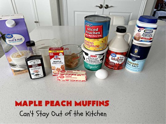 Maple Peach Muffins | Can't Stay Out of the Kitchen | Indulge your sweet tooth by making a batch of these sensational #muffins for your next weekend, company or #holiday #breakfast or #brunch. These include both #MapleSyrup & #MapleExtract for a bump in flavor. #Peaches & a #StreuselTopping that includes #pecans makes them especially good. #MaplePeachMuffins