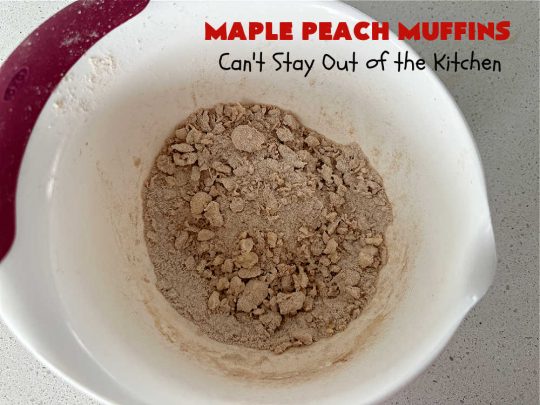 Maple Peach Muffins | Can't Stay Out of the Kitchen | Indulge your sweet tooth by making a batch of these sensational #muffins for your next weekend, company or #holiday #breakfast or #brunch. These include both #MapleSyrup & #MapleExtract for a bump in flavor. #Peaches & a #StreuselTopping that includes #pecans makes them especially good. #MaplePeachMuffins