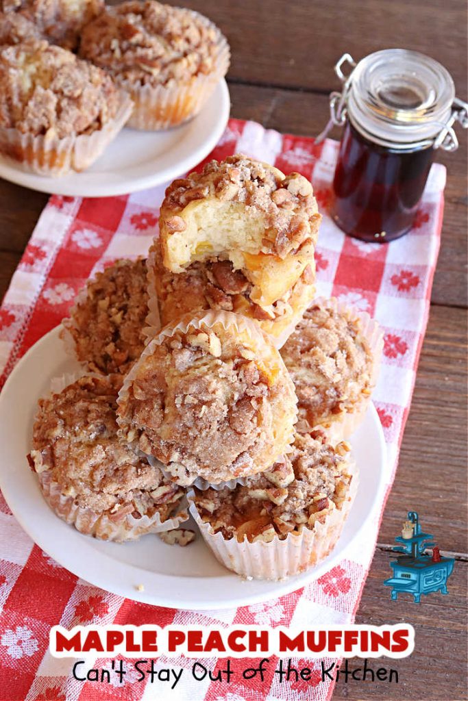Maple Peach Muffins | Can't Stay Out of the Kitchen | Indulge your sweet tooth by making a batch of these sensational #muffins for your next weekend, company or #holiday #breakfast or #brunch. These include both #MapleSyrup & #MapleExtract for a bump in flavor. #Peaches & a #StreuselTopping that includes #pecans makes them especially good. #MaplePeachMuffins