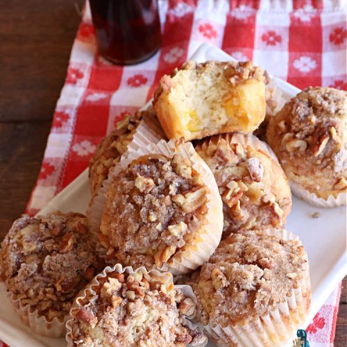 Maple Peach Muffins | Can't Stay Out of the Kitchen | Indulge your sweet tooth by making a batch of these sensational #muffins for your next weekend, company or #holiday #breakfast or #brunch. These include both #MapleSyrup & #MapleExtract for a bump in flavor. #Peaches & a #StreuselTopping that includes #pecans makes them especially good. #MaplePeachMuffins