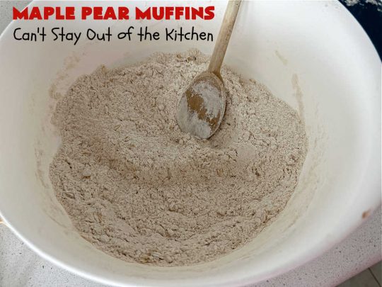 Maple Pear Muffins | Can't Stay Out of the Kitchen | these #muffins are absolutely delightful for a weekend, company or #holiday #breakfast. They're filled with #pears, #pecans, #oatmeal, #MapleSyrup & #MapleExtract to make them pop in flavor. #Cinnamon icing puts them over the top! Every bite will have you drooling. #MaplePearMuffins