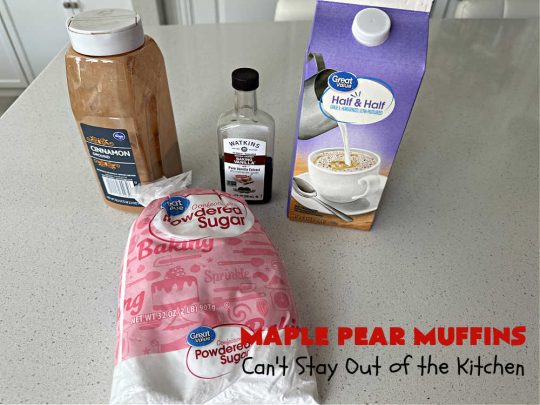 Maple Pear Muffins | Can't Stay Out of the Kitchen | these #muffins are absolutely delightful for a weekend, company or #holiday #breakfast. They're filled with #pears, #pecans, #oatmeal, #MapleSyrup & #MapleExtract to make them pop in flavor. #Cinnamon icing puts them over the top! Every bite will have you drooling. #MaplePearMuffins