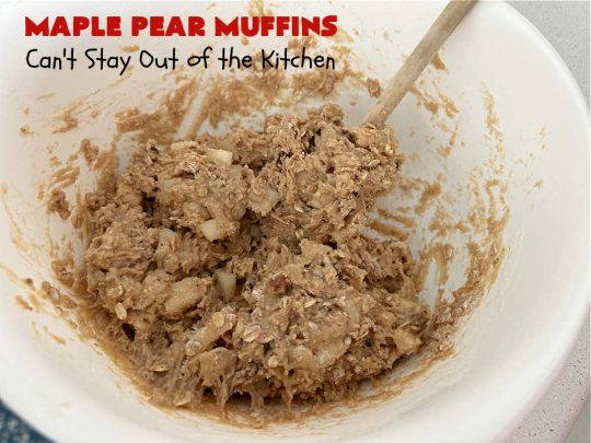 Maple Pear Muffins | Can't Stay Out of the Kitchen | these #muffins are absolutely delightful for a weekend, company or #holiday #breakfast. They're filled with #pears, #pecans, #oatmeal, #MapleSyrup & #MapleExtract to make them pop in flavor. #Cinnamon icing puts them over the top! Every bite will have you drooling. #MaplePearMuffins