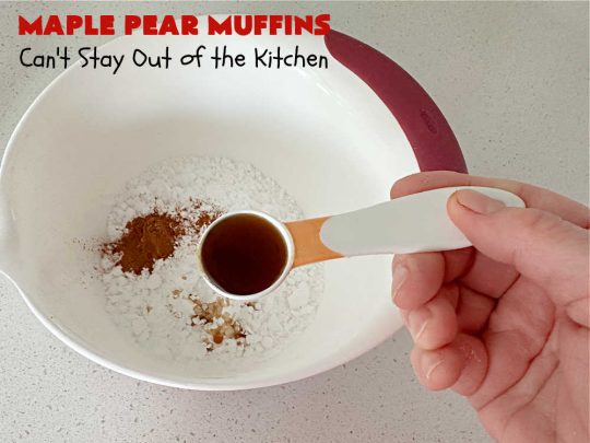 Maple Pear Muffins | Can't Stay Out of the Kitchen | these #muffins are absolutely delightful for a weekend, company or #holiday #breakfast. They're filled with #pears, #pecans, #oatmeal, #MapleSyrup & #MapleExtract to make them pop in flavor. #Cinnamon icing puts them over the top! Every bite will have you drooling. #MaplePearMuffins