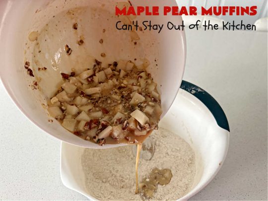Maple Pear Muffins | Can't Stay Out of the Kitchen | these #muffins are absolutely delightful for a weekend, company or #holiday #breakfast. They're filled with #pears, #pecans, #oatmeal, #MapleSyrup & #MapleExtract to make them pop in flavor. #Cinnamon icing puts them over the top! Every bite will have you drooling. #MaplePearMuffins