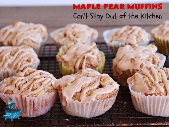 Maple Pear Muffins | Can't Stay Out of the Kitchen | these #muffins are absolutely delightful for a weekend, company or #holiday #breakfast. They're filled with #pears, #pecans, #oatmeal, #MapleSyrup & #MapleExtract to make them pop in flavor. #Cinnamon icing puts them over the top! Every bite will have you drooling. #MaplePearMuffins