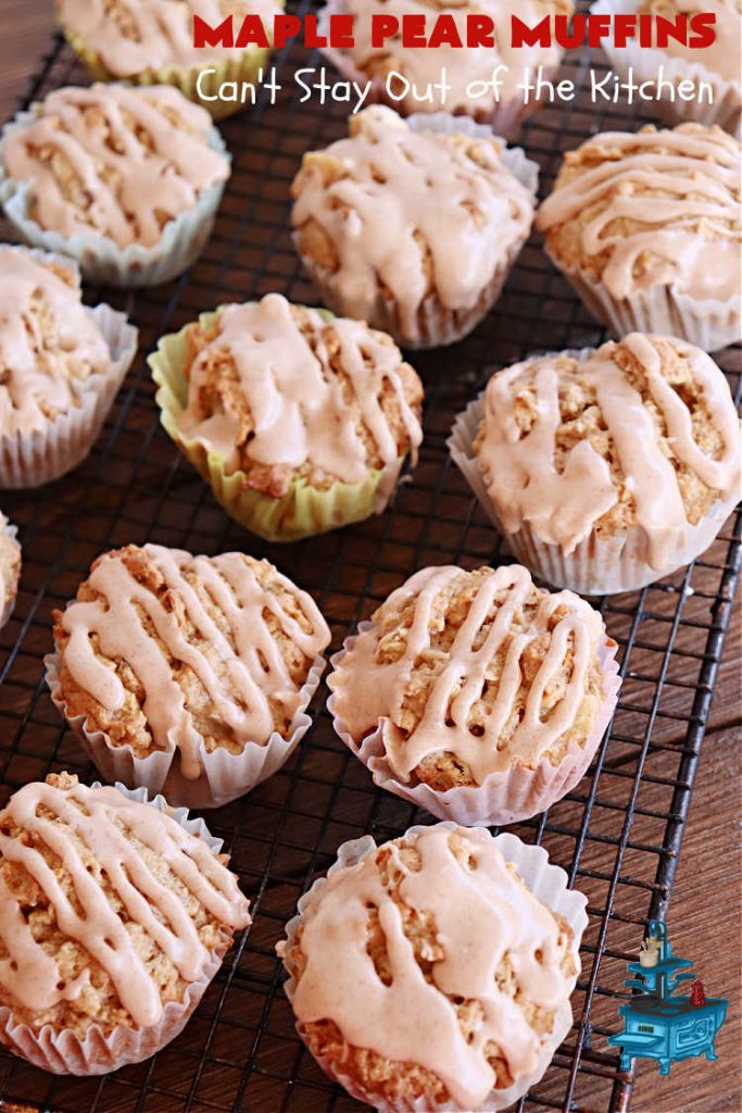 Maple Pear Muffins | Can't Stay Out of the Kitchen | these #muffins are absolutely delightful for a weekend, company or #holiday #breakfast. They're filled with #pears, #pecans, #oatmeal, #MapleSyrup & #MapleExtract to make them pop in flavor. #Cinnamon icing puts them over the top! Every bite will have you drooling. #MaplePearMuffins