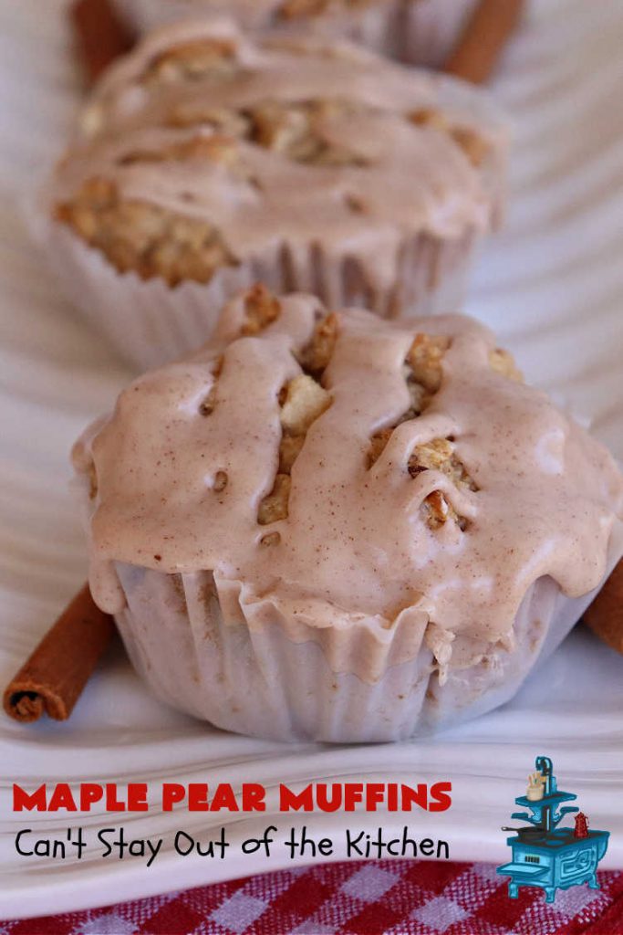 Maple Pear Muffins | Can't Stay Out of the Kitchen | these #muffins are absolutely delightful for a weekend, company or #holiday #breakfast. They're filled with #pears, #pecans, #oatmeal, #MapleSyrup & #MapleExtract to make them pop in flavor. #Cinnamon icing puts them over the top! Every bite will have you drooling. #MaplePearMuffins