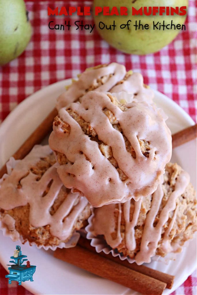 Maple Pear Muffins | Can't Stay Out of the Kitchen | these #muffins are absolutely delightful for a weekend, company or #holiday #breakfast. They're filled with #pears, #pecans, #oatmeal, #MapleSyrup & #MapleExtract to make them pop in flavor. #Cinnamon icing puts them over the top! Every bite will have you drooling. #MaplePearMuffins