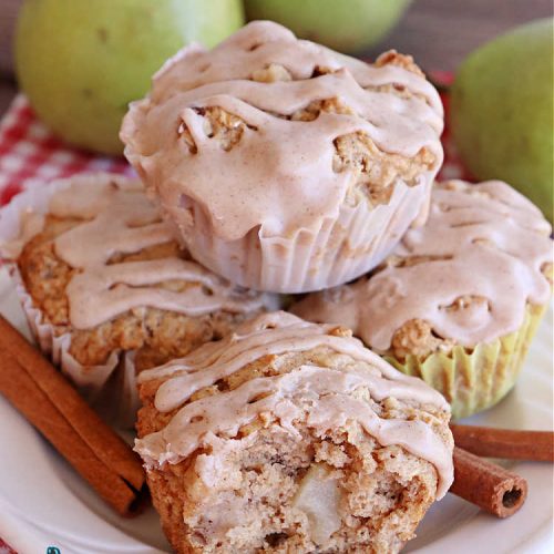 Maple Pear Muffins | Can't Stay Out of the Kitchen | these #muffins are absolutely delightful for a weekend, company or #holiday #breakfast. They're filled with #pears, #pecans, #oatmeal, #MapleSyrup & #MapleExtract to make them pop in flavor. #Cinnamon icing puts them over the top! Every bite will have you drooling. #MaplePearMuffins