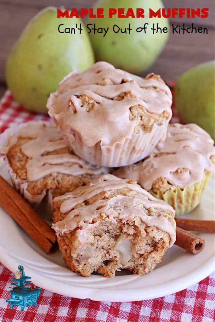 Maple Pear Muffins | Can't Stay Out of the Kitchen | these #muffins are absolutely delightful for a weekend, company or #holiday #breakfast. They're filled with #pears, #pecans, #oatmeal, #MapleSyrup & #MapleExtract to make them pop in flavor. #Cinnamon icing puts them over the top! Every bite will have you drooling. #MaplePearMuffins