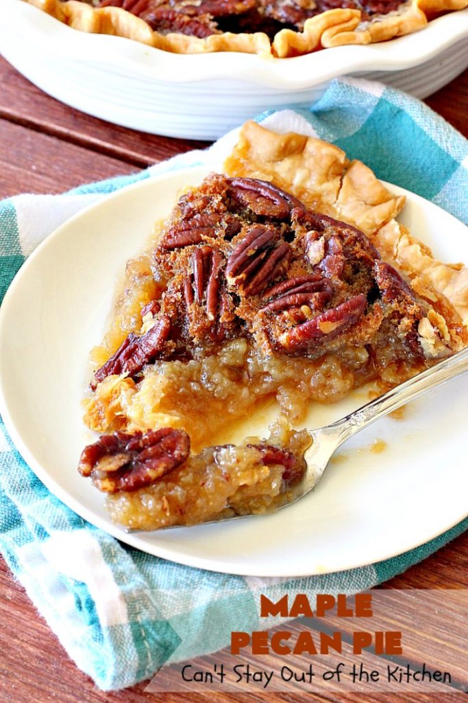 Maple Pecan Pie | Can't Stay Out of the Kitchen | this #PecanPie is dynamite! It's made with #MapleSyrup instead of corn syrup. It's rich, heavenly and so very decadent. Enjoy this #pie for #Christmas, other #holidays or your next special occasion. #dessert #PecanDessert #MaplePecanPie