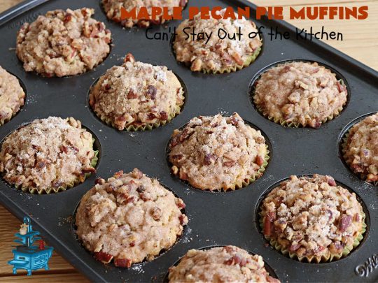 Maple Pecan Pie Muffins | Can't Stay Out of the Kitchen | #Maple flavor just pops in these delicious #PecanPie #muffins. Every bite will have you drooling. If you enjoy sweets with your morning coffee, this is a terrific #recipe to wake up to. Great for a weekend, company or #holiday #breakfast too. #BreakfastMuffins #MaplePecanPieMuffins