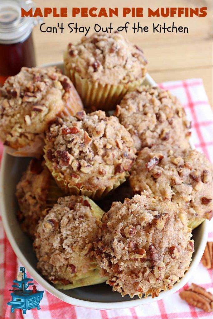 Maple Pecan Pie Muffins | Can't Stay Out of the Kitchen | #Maple flavor just pops in these delicious #PecanPie #muffins. Every bite will have you drooling. If you enjoy sweets with your morning coffee, this is a terrific #recipe to wake up to. Great for a weekend, company or #holiday #breakfast too. #BreakfastMuffins #MaplePecanPieMuffins