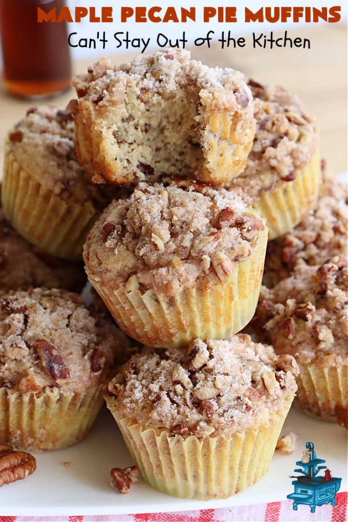 Maple Pecan Pie Muffins | Can't Stay Out of the Kitchen | #Maple flavor just pops in these delicious #PecanPie #muffins. Every bite will have you drooling. If you enjoy sweets with your morning coffee, this is a terrific #recipe to wake up to. Great for a weekend, company or #holiday #breakfast too. #BreakfastMuffins #MaplePecanPieMuffins