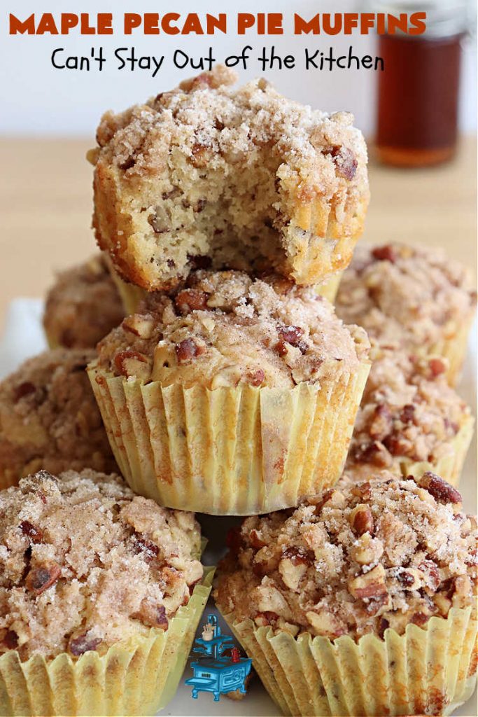 Maple Pecan Pie Muffins | Can't Stay Out of the Kitchen | #Maple flavor just pops in these delicious #PecanPie #muffins. Every bite will have you drooling. If you enjoy sweets with your morning coffee, this is a terrific #recipe to wake up to. Great for a weekend, company or #holiday #breakfast too. #BreakfastMuffins #MaplePecanPieMuffins