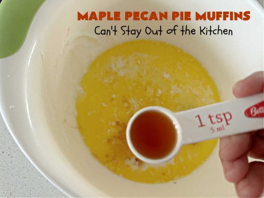 Maple Pecan Pie Muffins | Can't Stay Out of the Kitchen | #Maple flavor just pops in these delicious #PecanPie #muffins. Every bite will have you drooling. If you enjoy sweets with your morning coffee, this is a terrific #recipe to wake up to. Great for a weekend, company or #holiday #breakfast too. #BreakfastMuffins #MaplePecanPieMuffins