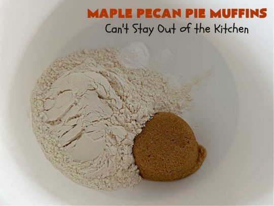 Maple Pecan Pie Muffins | Can't Stay Out of the Kitchen | #Maple flavor just pops in these delicious #PecanPie #muffins. Every bite will have you drooling. If you enjoy sweets with your morning coffee, this is a terrific #recipe to wake up to. Great for a weekend, company or #holiday #breakfast too. #BreakfastMuffins #MaplePecanPieMuffins