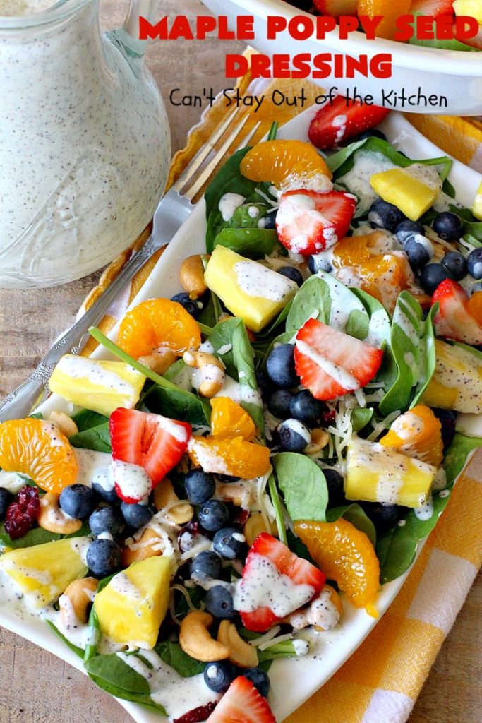 Maple Poppy Seed Dressing | Can't Stay Out of the Kitchen | this is a delicious, #healthy #SaladDressing with NO oil & NO sugar. It uses #GreekYogurt & #MapleSyrup instead. Great with a #TossedSalad with #fruit in it. #GlutenFree #LowCalorie #HealthySaladDressingRecipe