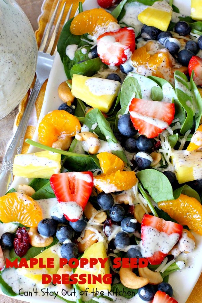 Maple Poppy Seed Dressing | Can't Stay Out of the Kitchen | this is a delicious, #healthy #SaladDressing with NO oil & NO sugar. It uses #GreekYogurt & #MapleSyrup instead. Great with a #TossedSalad with #fruit in it. #GlutenFree #LowCalorie #HealthySaladDressingRecipe