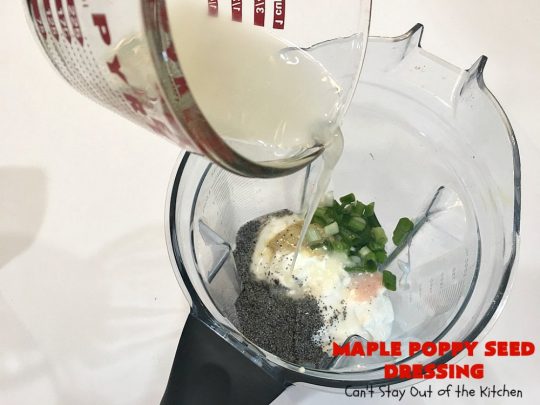 Maple Poppy Seed Dressing | Can't Stay Out of the Kitchen | this is a delicious, #healthy #SaladDressing with NO oil & NO sugar. It uses #GreekYogurt & #MapleSyrup instead. Great with a #TossedSalad with #fruit in it. #GlutenFree #LowCalorie #HealthySaladDressingRecipe